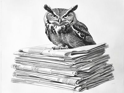 Spot illustration of an owl on newspapers